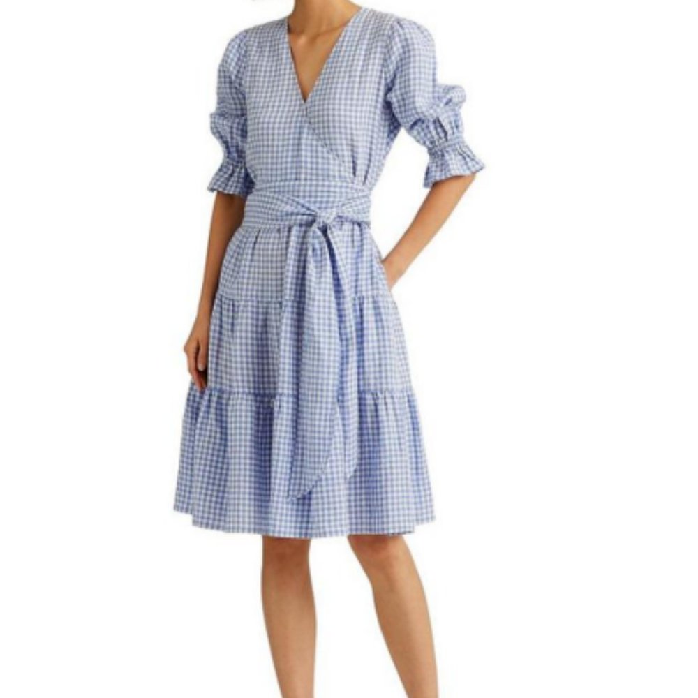 NWT Lauren Ralph Lauren Gingham Fit-and-Flare Linen Dress, Light blue